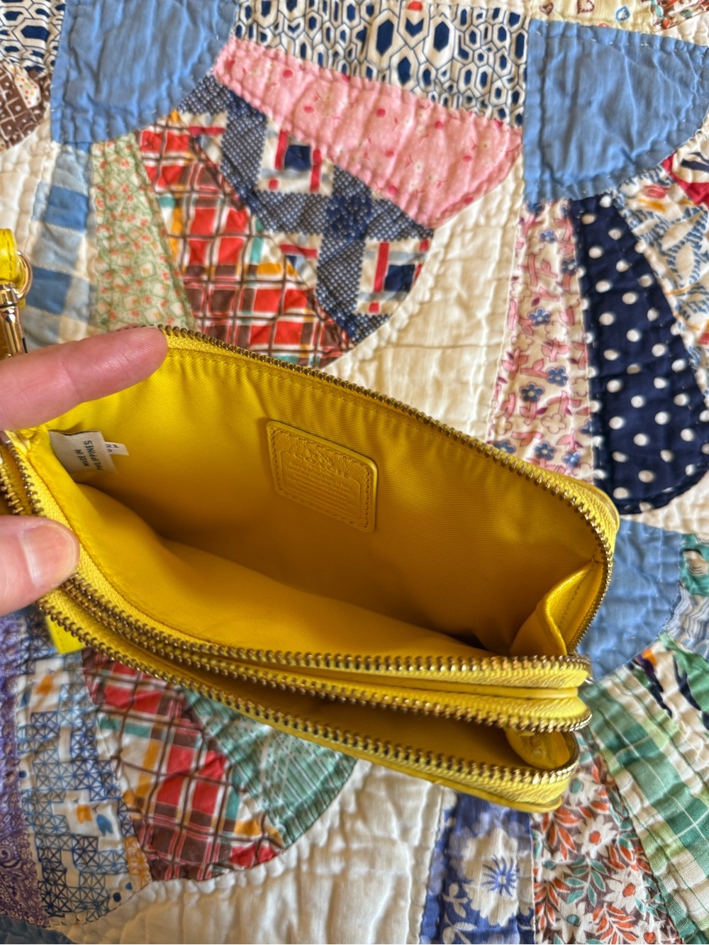 Coach Yellow Pebbled Leather Wristlet with Gold-Tone Logo - Picture 5 of 8